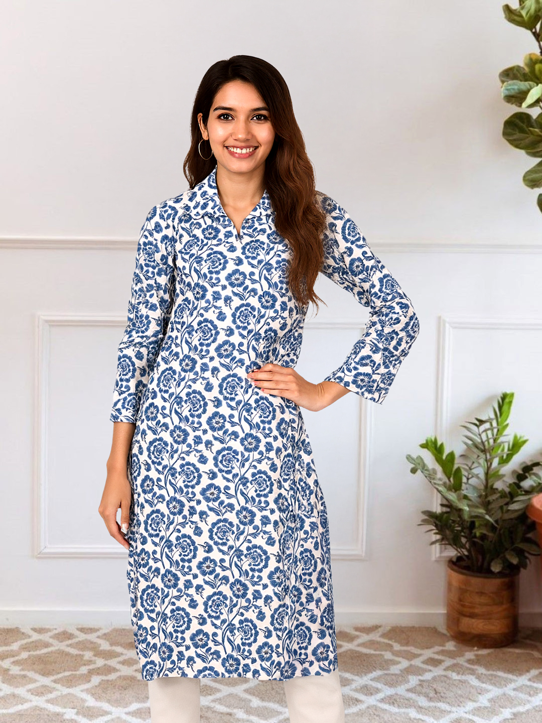 Picture of Beautiful Floral Print Collar Neck Full Sleeves Kurta